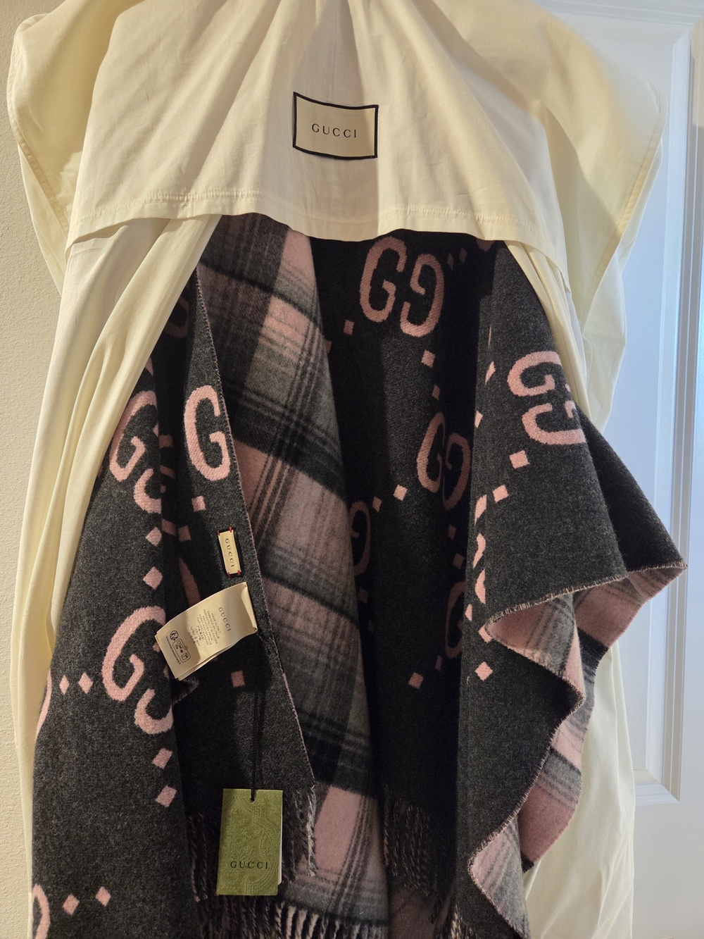 Gucci Pink & Charcoal Wool GG Logo Cape